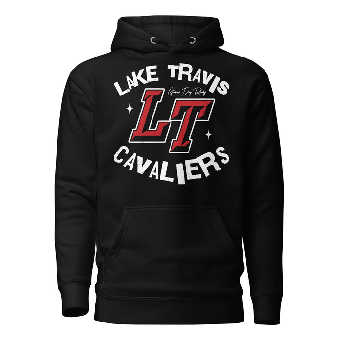 Close-up view of Lake Travis High School Cavaliers Black Premium Unisex Hoodie 228