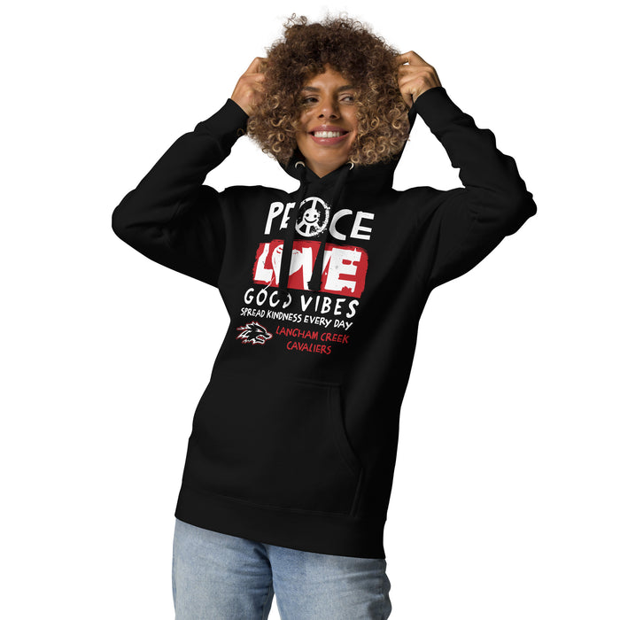 Woman wearing Langham Creek High School Lobos Black Premium Unisex Hoodie 240