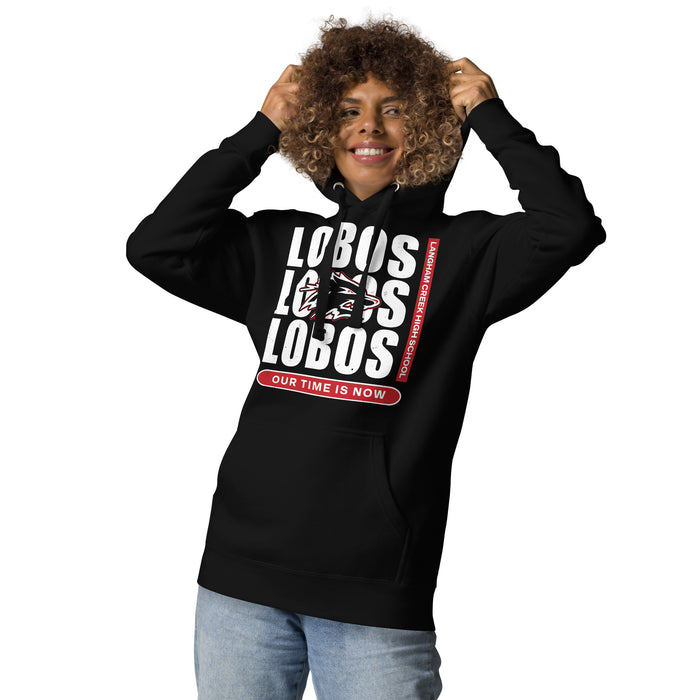 Woman wearing Langham Creek High School Lobos Black Premium Unisex Hoodie 235