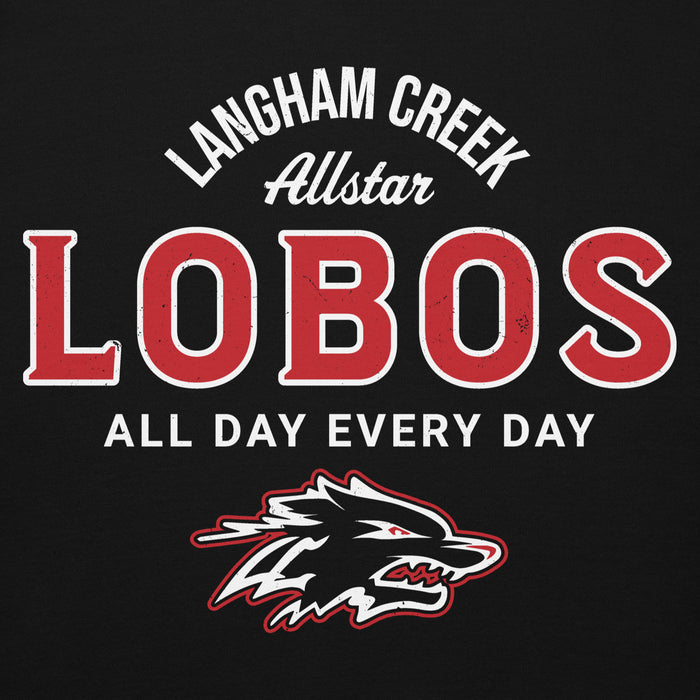 Close-up view of Langham Creek High School Lobos Black Premium Unisex Hoodie 040