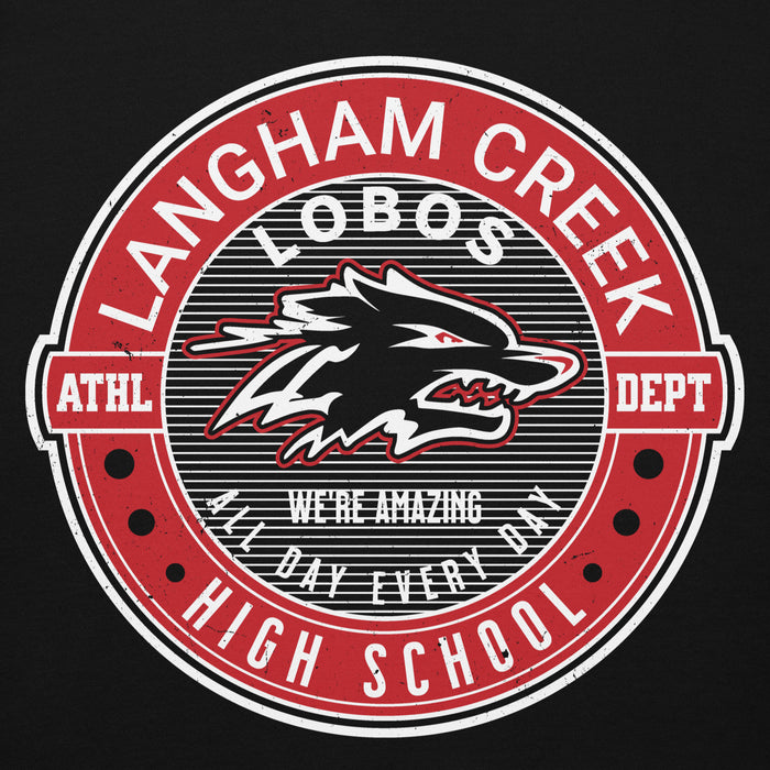 Close-up view of Langham Creek High School Lobos Black Premium Unisex Hoodie 224