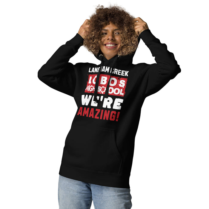 Woman wearing Langham Creek High School Lobos Black Premium Unisex Hoodie 231