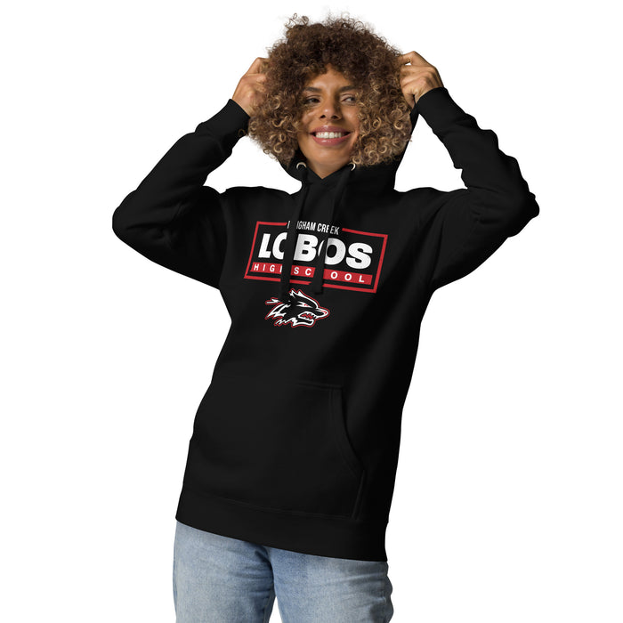 Woman wearing Langham Creek High School Lobos Black Premium Unisex Hoodie 049