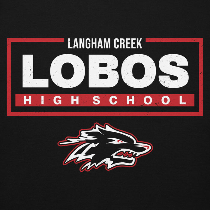 Close-up view of Langham Creek High School Lobos Black Premium Unisex Hoodie 049