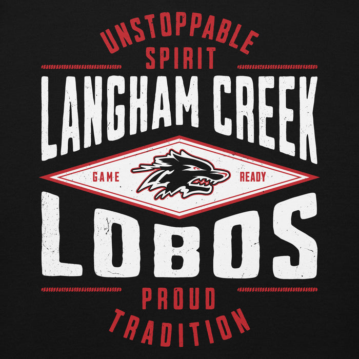 Close-up view of Langham Creek High School Lobos Black Premium Unisex Hoodie 210
