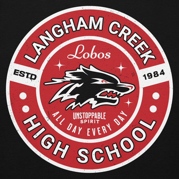 Close-up view of Langham Creek High School Lobos Black Premium Unisex Hoodie 239