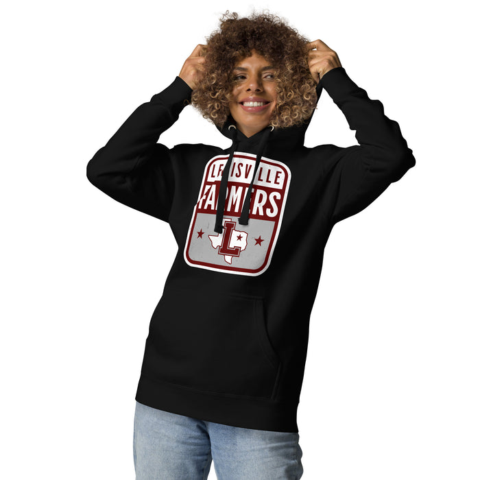 Woman wearing Lewisville High School Farmers Black Premium Unisex Hoodie 001