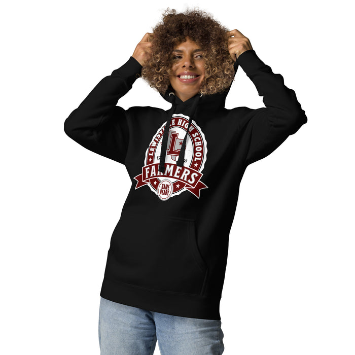 Woman wearing Lewisville High School Farmers Black Premium Unisex Hoodie 212