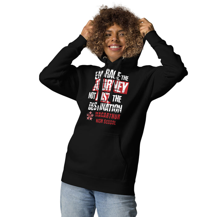 Woman wearing MacArthur High School Generals Black Premium Unisex Hoodie 232