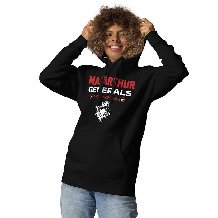 Woman wearing MacArthur High School Generals Black Premium Unisex Hoodie 003