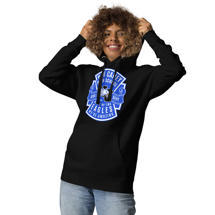 Woman wearing New Caney High School Eagles Black Premium Unisex Hoodie 207