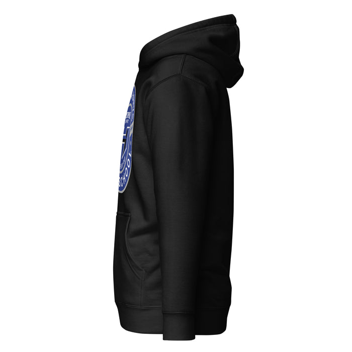Side view of Hebron High School Hawks Black Premium Unisex Hoodie 239