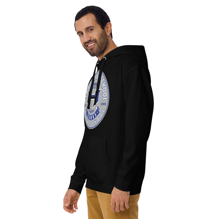 Man wearing Hebron High School Hawks Black Premium Unisex Hoodie 215