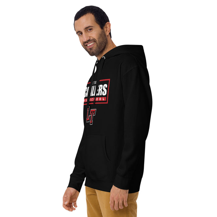 Man wearing Lake Travis High School Cavaliers Black Premium Unisex Hoodie 049
