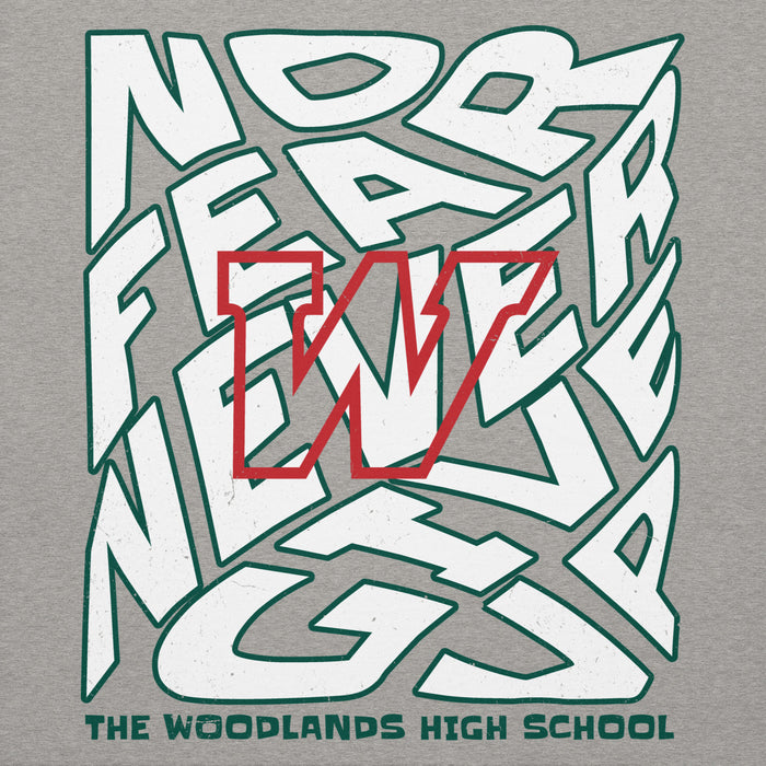 Close-up view of The Woodlands High School Highlanders Carbon Grey Premium Unisex Hoodie 236