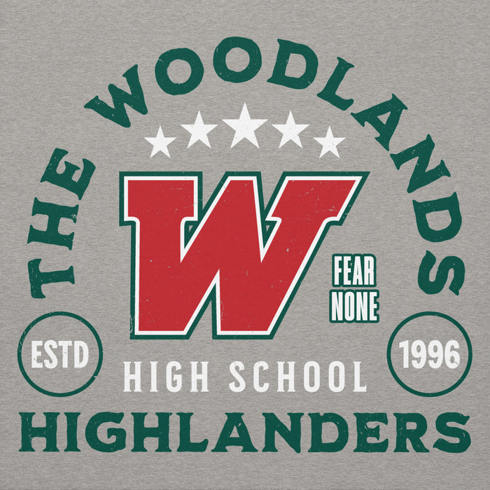 Close-up view of The Woodlands High School Highlanders Carbon Grey Premium Unisex Hoodie 208
