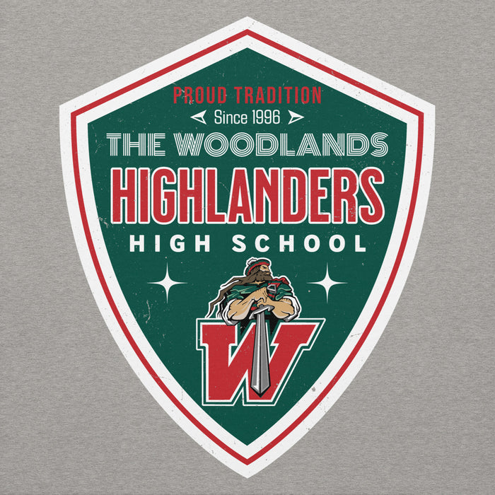 Close-up view of The Woodlands High School Highlanders Carbon Grey Premium Unisex Hoodie 225