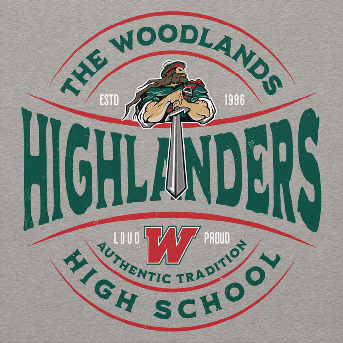 Close-up view of The Woodlands High School Highlanders Carbon Grey Premium Unisex Hoodie 218
