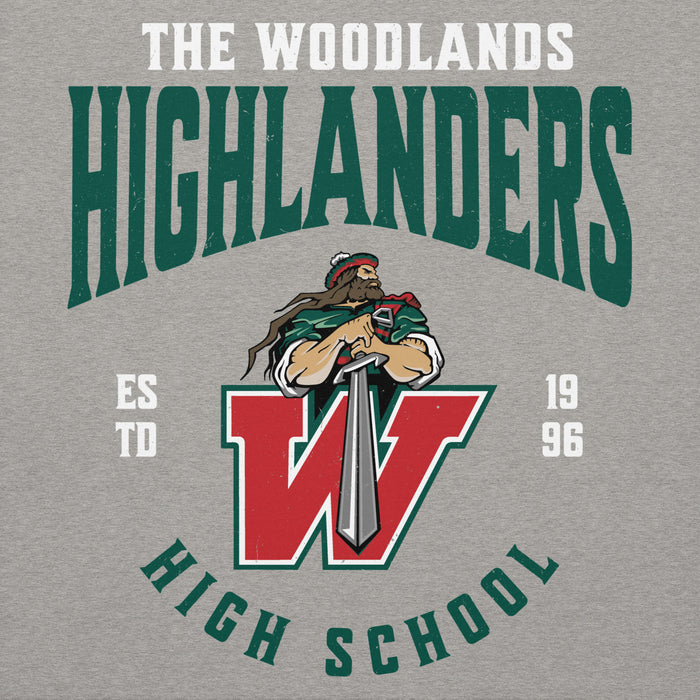 Close-up view of The Woodlands High School Highlanders Carbon Grey Premium Unisex Hoodie 213