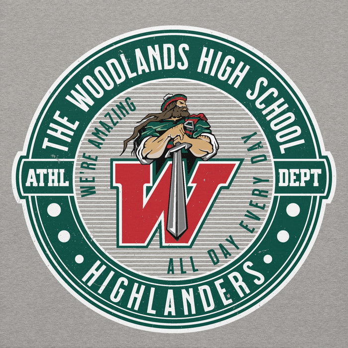 Close-up view of The Woodlands High School Highlanders Carbon Grey Premium Unisex Hoodie 224