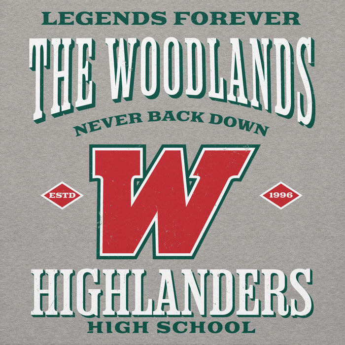 Close-up view of The Woodlands High School Highlanders Carbon Grey Premium Unisex Hoodie 230