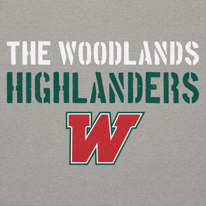 Close-up view of The Woodlands High School Highlanders Carbon Grey Premium Unisex Hoodie 024