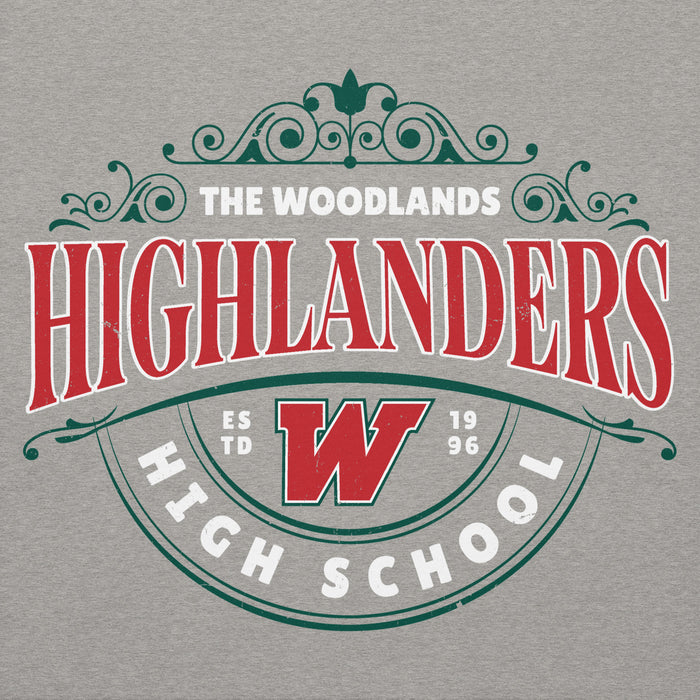 Close-up view of The Woodlands High School Highlanders Carbon Grey Premium Unisex Hoodie 211