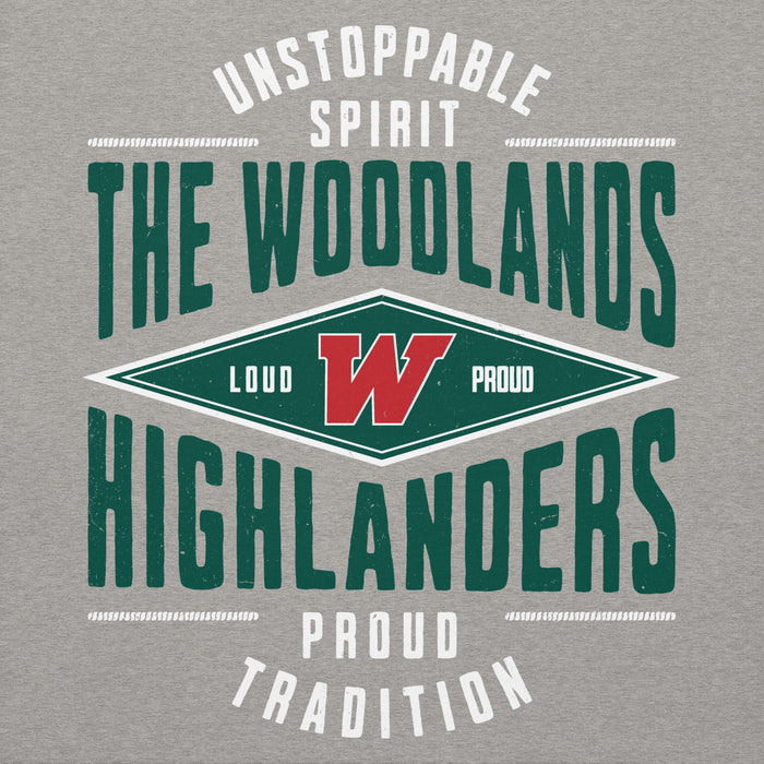 Close-up view of The Woodlands High School Highlanders Carbon Grey Premium Unisex Hoodie 210