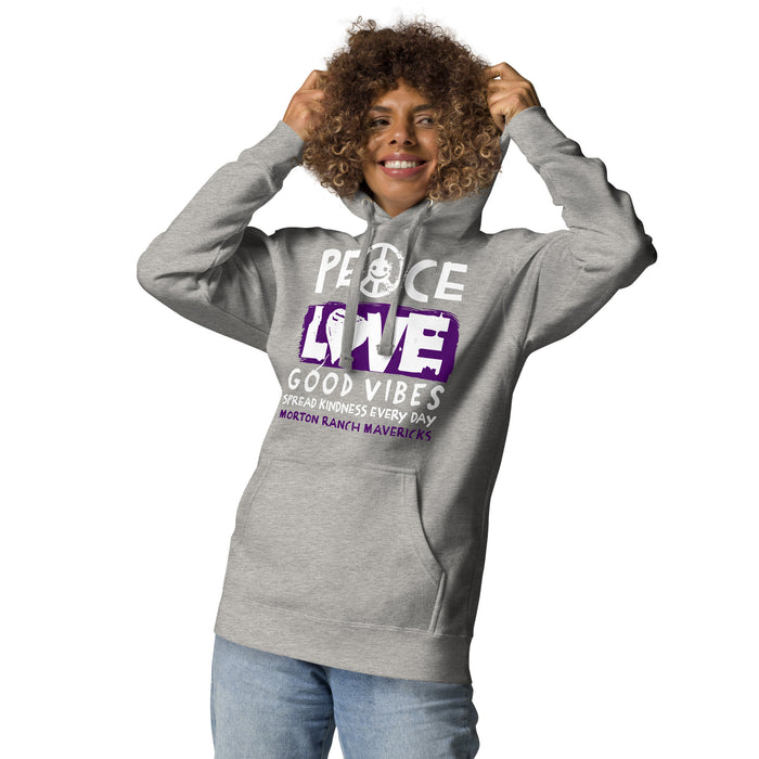 Woman wearing Morton Ranch High School Mavericks Premium Grey Unisex Hoodie 240