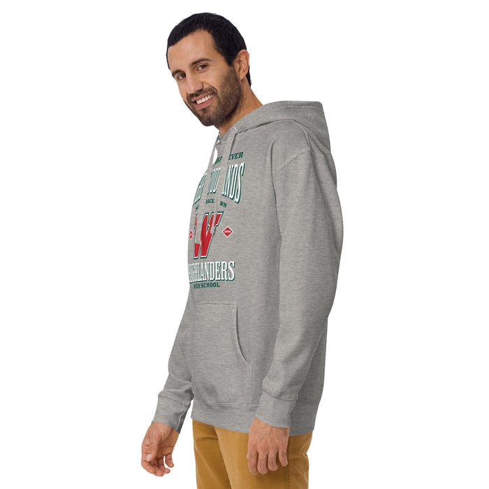 Man wearing The Woodlands High School Highlanders Carbon Grey Premium Unisex Hoodie 230