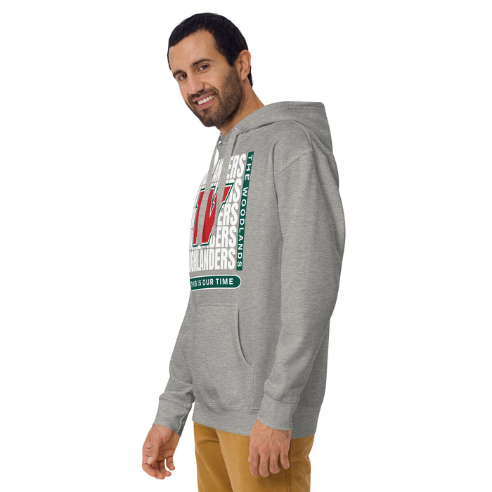 Man wearing The Woodlands High School Highlanders Carbon Grey Premium Unisex Hoodie 235