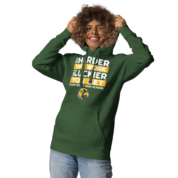 Woman wearing Klein Forest High School Golden Eagles Premium Forest Green Unisex Hoodie 238