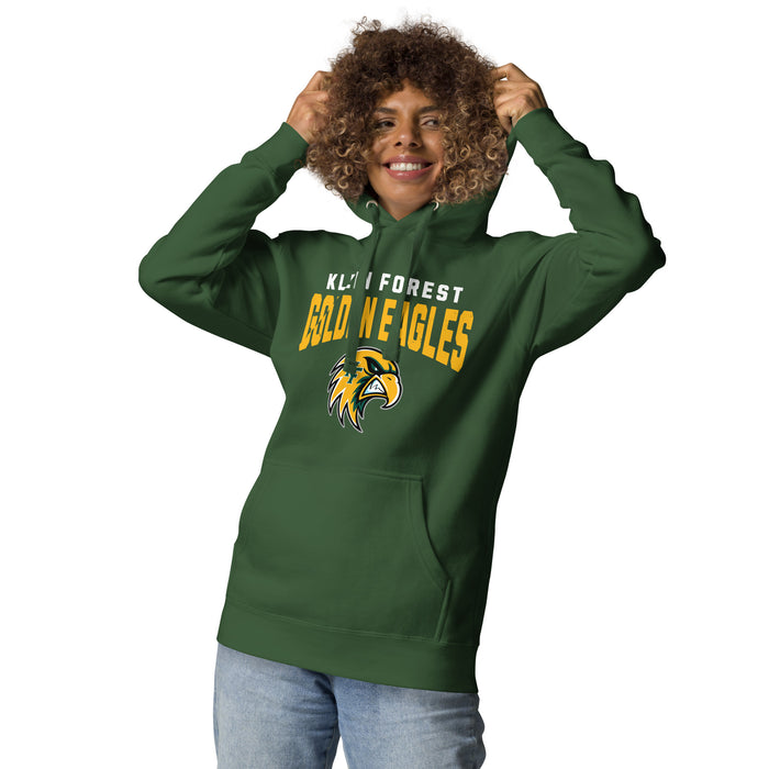 Woman wearing Klein Forest High School Golden Eagles Premium Forest Green Unisex Hoodie 234