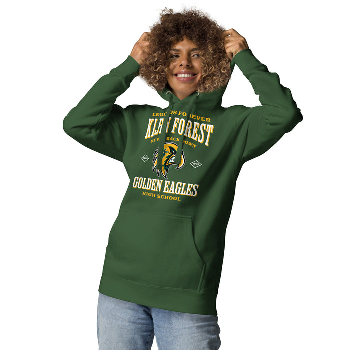 Woman wearing Klein Forest High School Golden Eagles Premium Forest Green Unisex Hoodie 230
