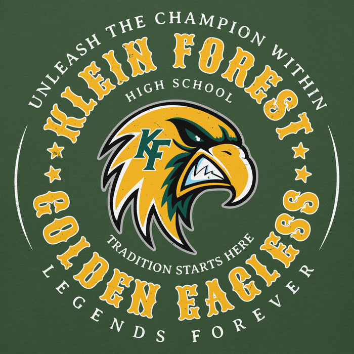 Close-up view of Klein Forest High School Golden Eagles Premium Forest Green Unisex Hoodie 214