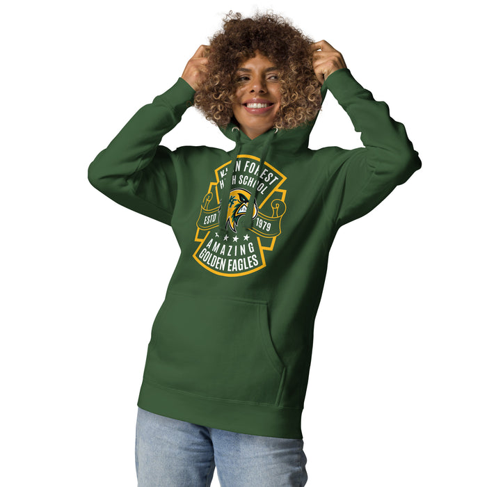 Woman wearing Klein Forest High School Golden Eagles Premium Forest Green Unisex Hoodie 207