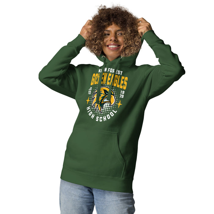 Woman wearing Klein Forest High School Golden Eagles Premium Forest Green Unisex Hoodie 204