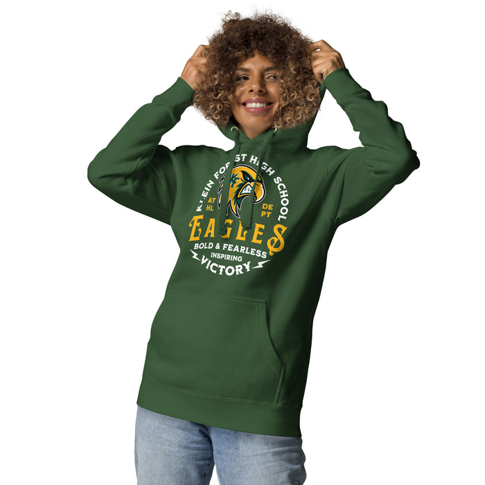 Woman wearing Klein Forest High School Golden Eagles Premium Forest Green Unisex Hoodie 206