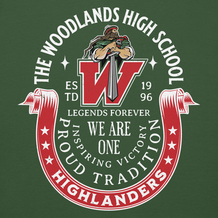 Close-up view of The Woodlands High School Highlanders Forest Green Premium Unisex Hoodie 229