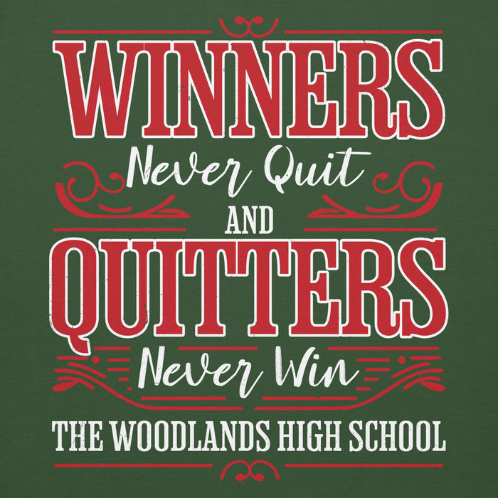 Close-up view of The Woodlands High School Highlanders Forest Green Premium Unisex Hoodie 231