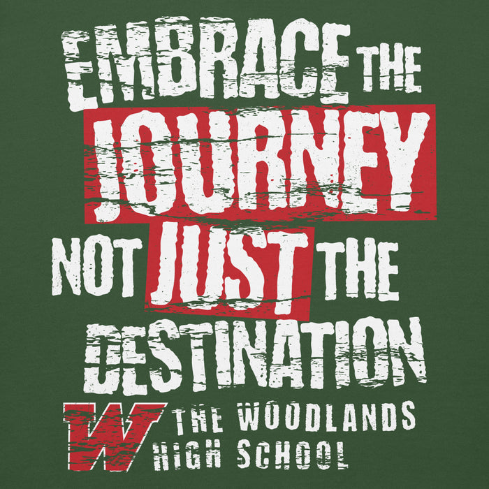 Close-up view of The Woodlands High School Highlanders Forest Green Premium Unisex Hoodie 232