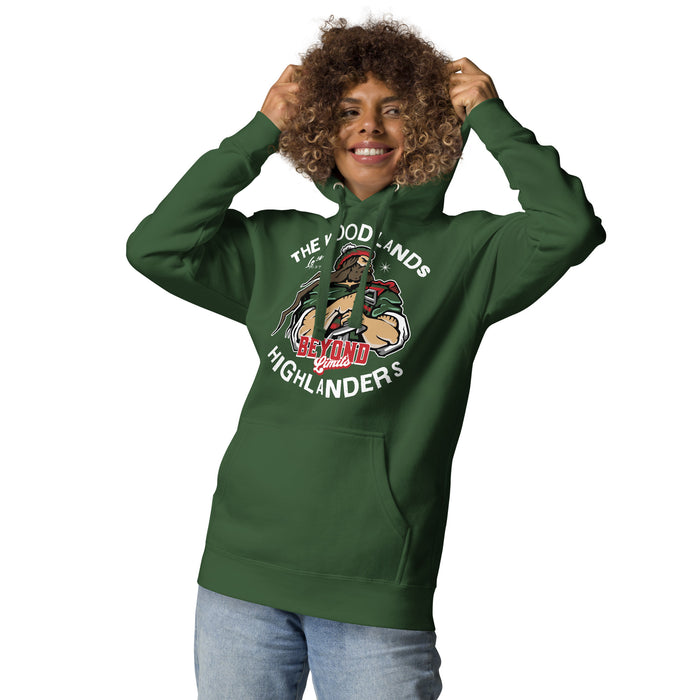 Woman wearing The Woodlands High School Highlanders Forest Green Premium Unisex Hoodie 228