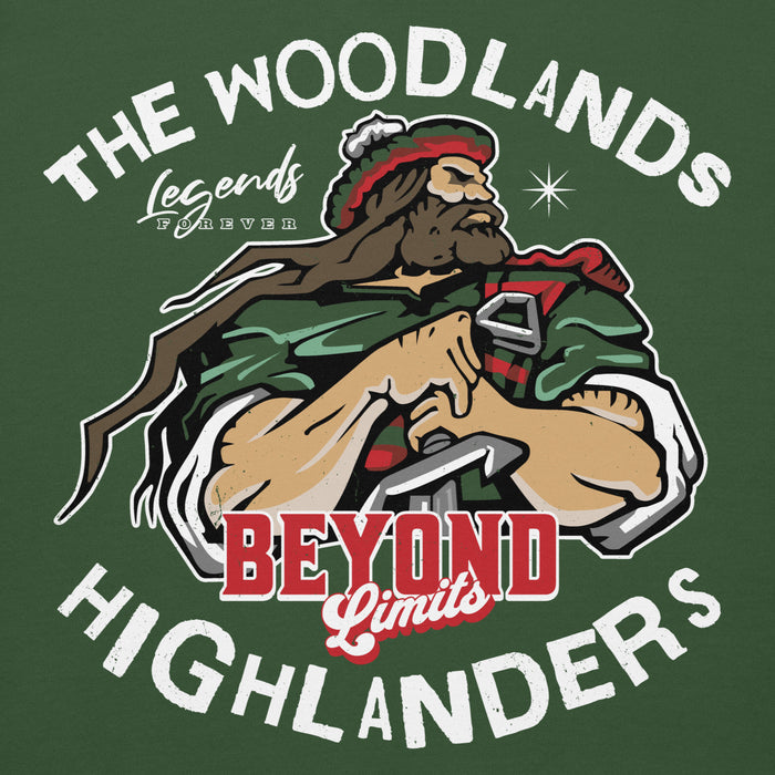 Close-up view of The Woodlands High School Highlanders Forest Green Premium Unisex Hoodie 228