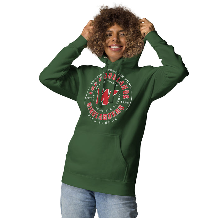 Woman wearing The Woodlands High School Highlanders Forest Green Premium Unisex Hoodie 214