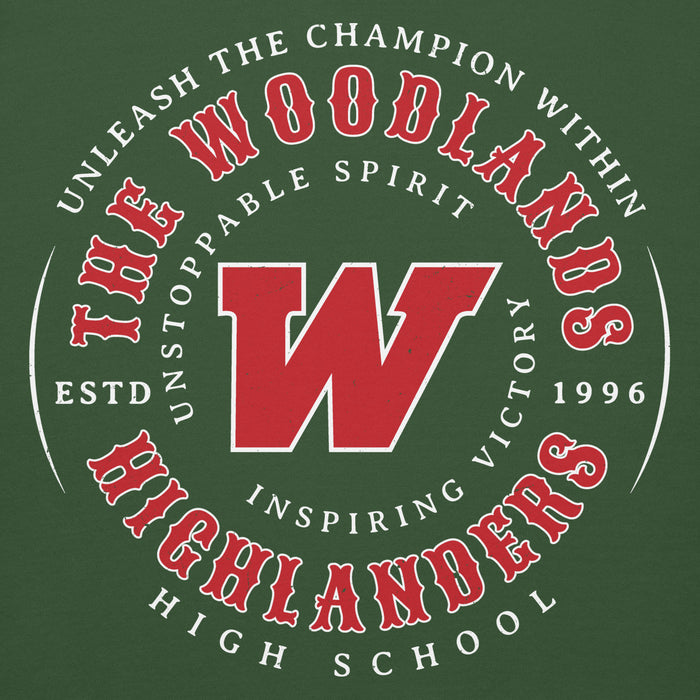 Close-up view of The Woodlands High School Highlanders Forest Green Premium Unisex Hoodie 214