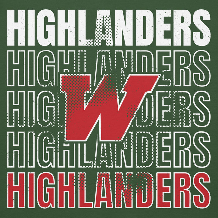 Close-up view of The Woodlands High School Highlanders Forest Green Premium Unisex Hoodie 233