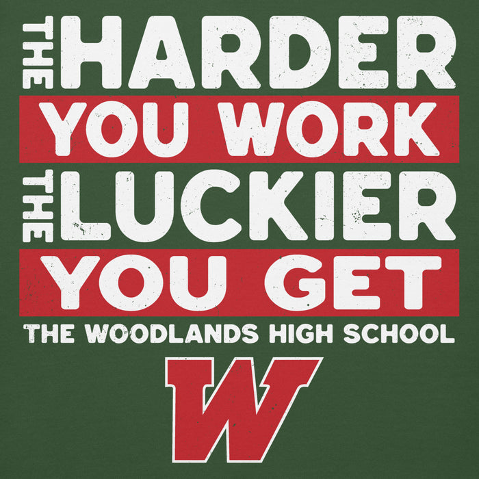 Close-up view of The Woodlands High School Highlanders Forest Green Premium Unisex Hoodie 238