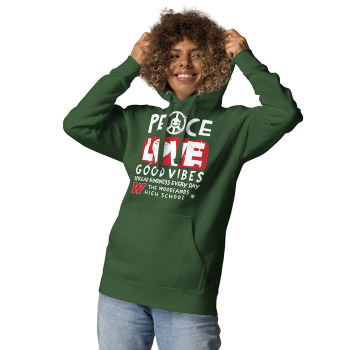 Woman wearing The Woodlands High School Highlanders Forest Green Premium Unisex Hoodie 240