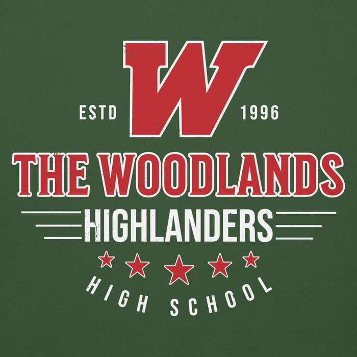 Close-up view of The Woodlands High School Highlanders Forest Green Premium Unisex Hoodie 217