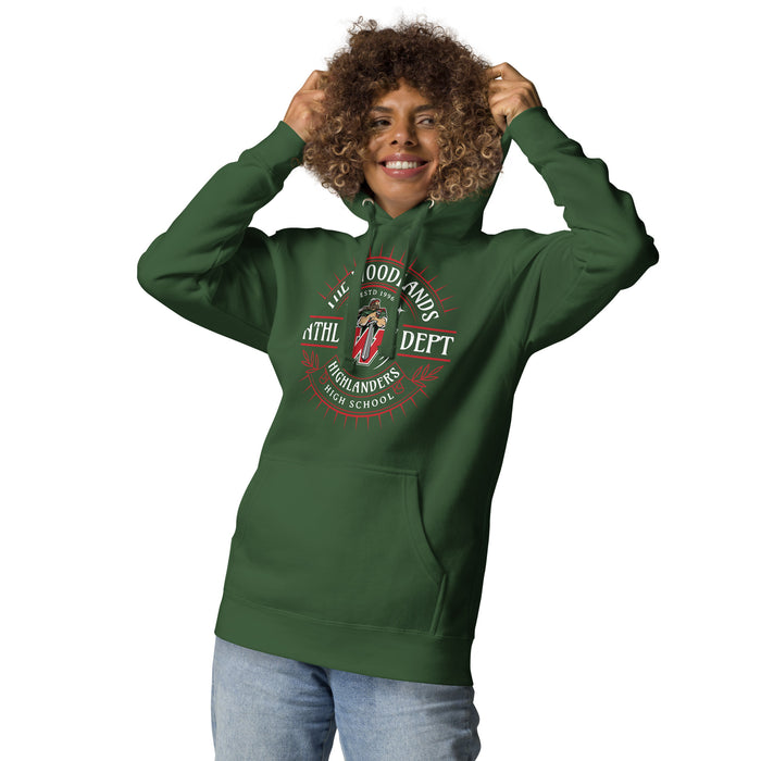 Woman wearing The Woodlands High School Highlanders Forest Green Premium Unisex Hoodie 201